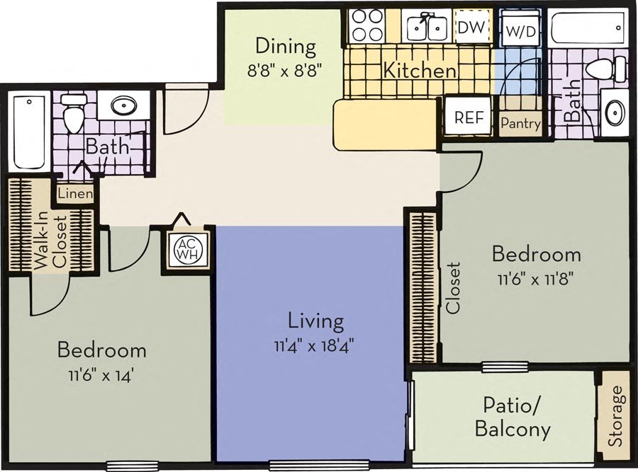 Floor plan for 2 beds, 2 baths, 1000 sqft