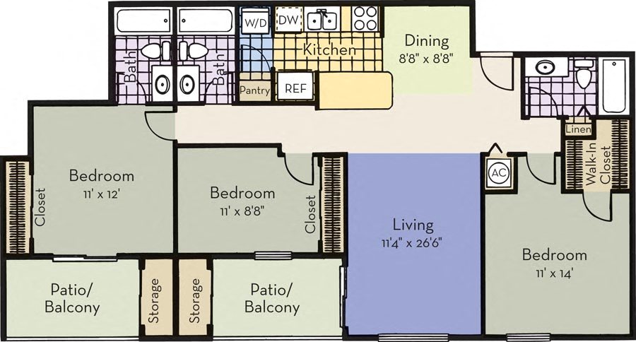 Floor plan for 3 beds, 3 baths, 1200 sqft