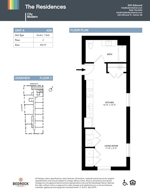 Floor plan for studio, 1 bath, 496 sqft