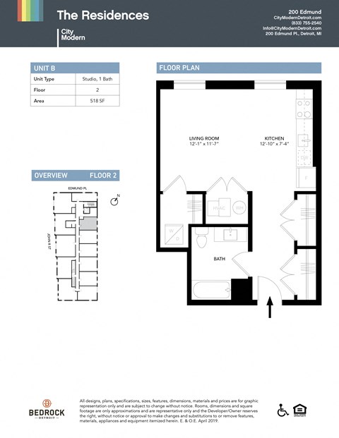 Floor plan for studio, 1 bath, 518 sqft