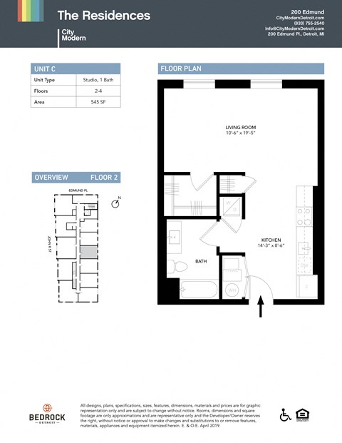 Floor plan for studio, 1 bath, 545 sqft