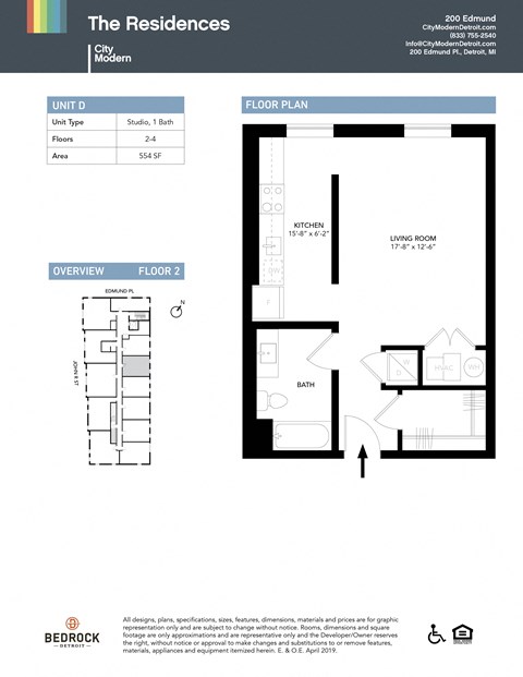 Floor plan for studio, 1 bath, 554 sqft