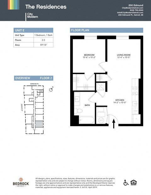 Floor plan for 1 bed, 1 bath, 591 sqft