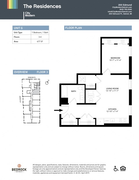 Floor plan for 1 bed, 1 bath, 677 sqft