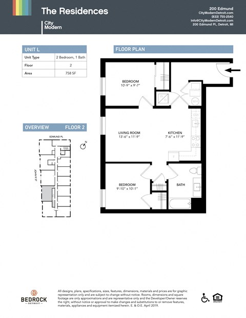 Floor plan for 2 beds, 1 bath, 758 sqft
