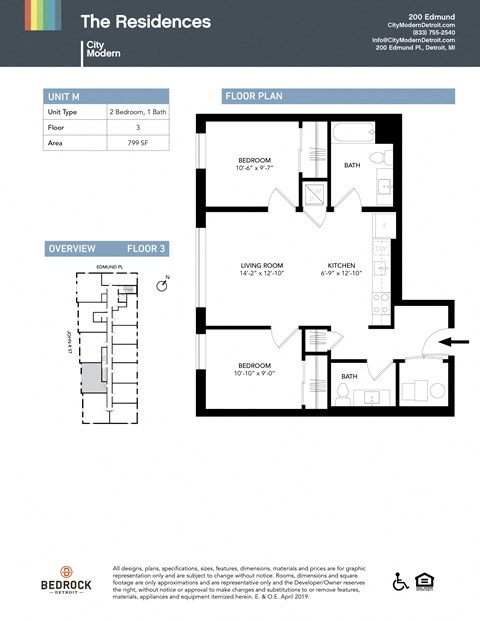 Floor plan for 2 beds, 1.5 baths, 799 sqft