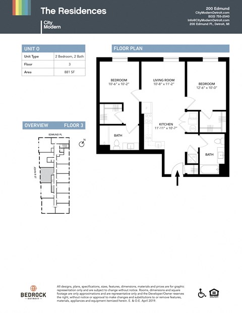 Floor plan for 2 beds, 2 baths, 881 sqft