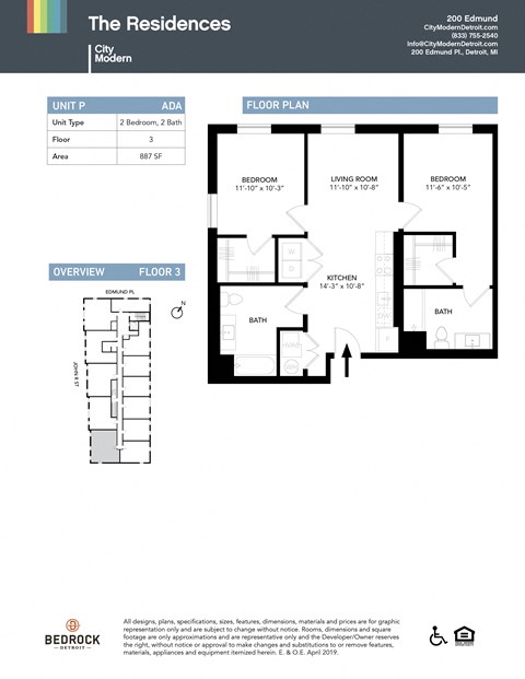 Floor plan for 2 beds, 2 baths, 887 sqft