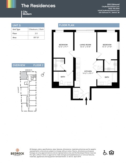 Floor plan for 2 beds, 2 baths, 897 sqft