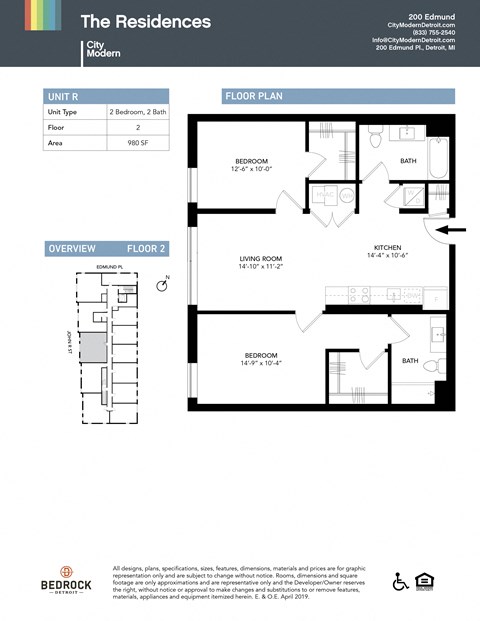 Floor plan for 2 beds, 2 baths, 980 sqft