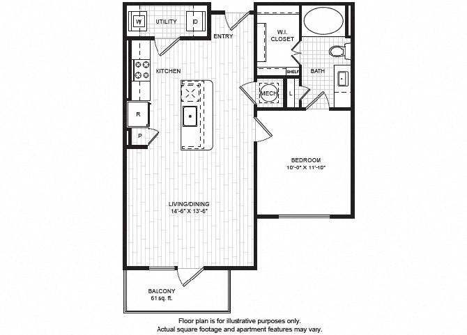 Floor plan for 1 bed, 1 bath, 759 sqft