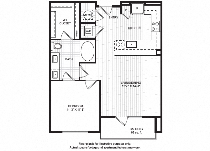 Floor plan for 1 bed, 1 bath, 772 sqft