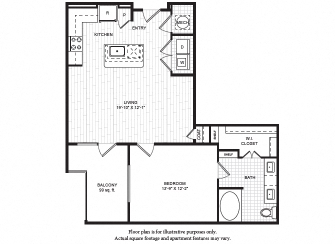 Floor plan for 1 bed, 1 bath, 824 sqft
