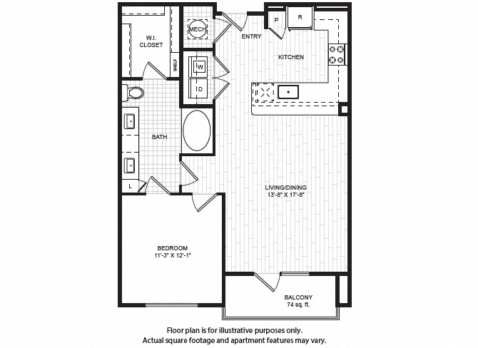 Floor plan for 1 bed, 1 bath, 861 sqft