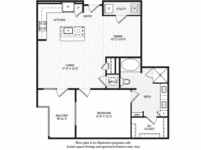Floor plan for 1 bed, 1 bath, 970 sqft