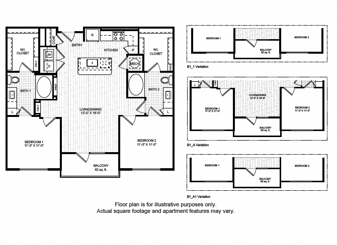 Floor plan for 2 beds, 2 baths, 1096 sqft