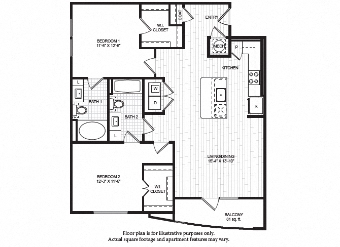 Floor plan for 2 beds, 2 baths, 1189 sqft
