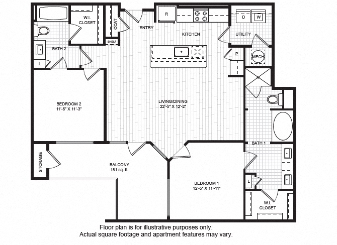 Floor plan for 2 beds, 2 baths, 1208 sqft