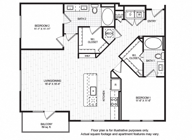 Floor plan for 2 beds, 2 baths, 1240 sqft
