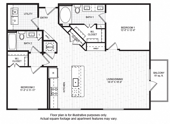 Floor plan for 2 beds, 2 baths, 1294 sqft