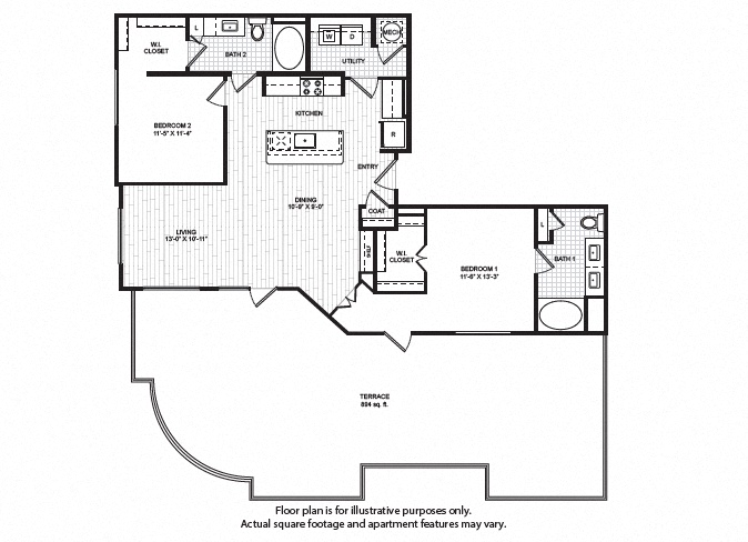 Floor plan for 2 beds, 2 baths, 1293 sqft