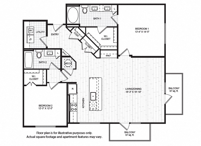 Floor plan for 2 beds, 2 baths, 1429 sqft
