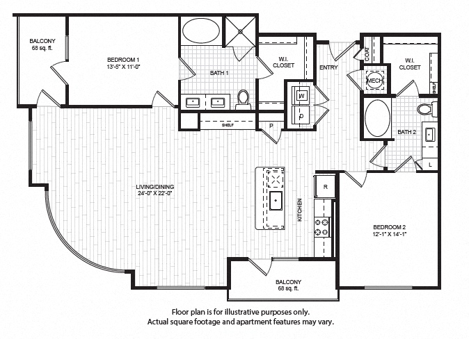 Floor plan for 2 beds, 2 baths, 1537 sqft