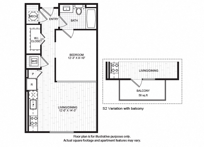 Floor plan for studio, 1 bath, 570 sqft