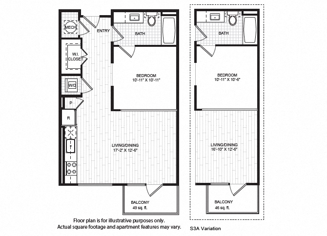 Floor plan for studio, 1 bath, 647 sqft