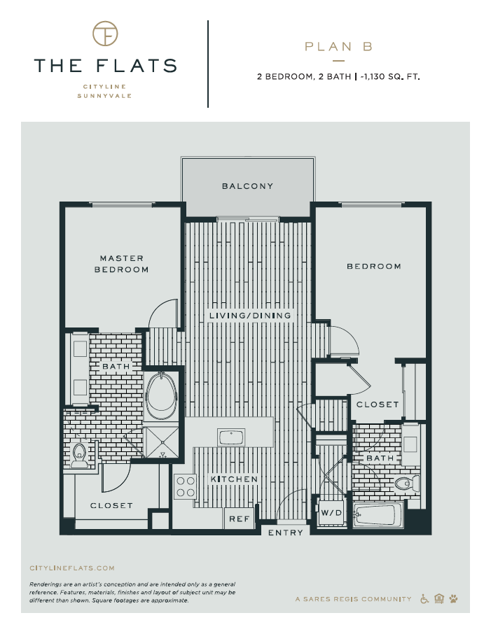 Floor plan for 2 beds, 2 baths, 1155 sqft