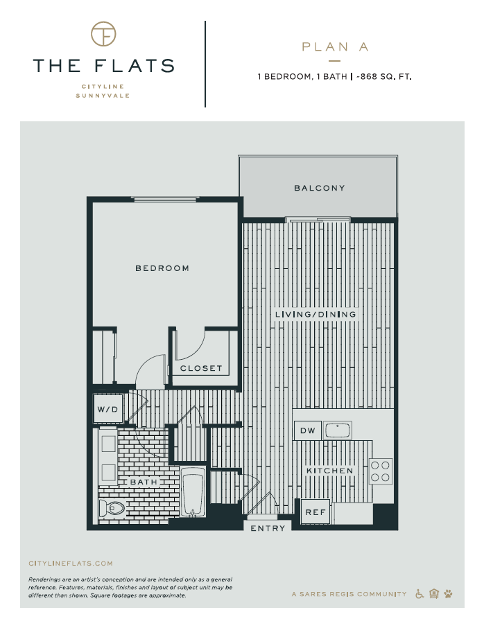 Floor plan for 1 bed, 1 bath, 864 sqft