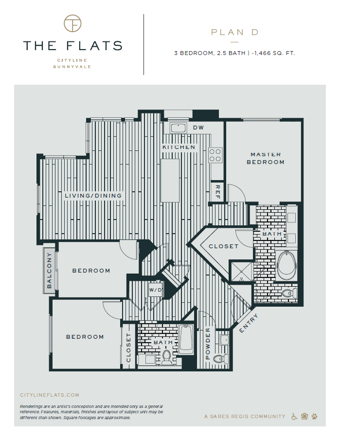 Floor plan for 3 beds, 2.5 baths, 1431 sqft