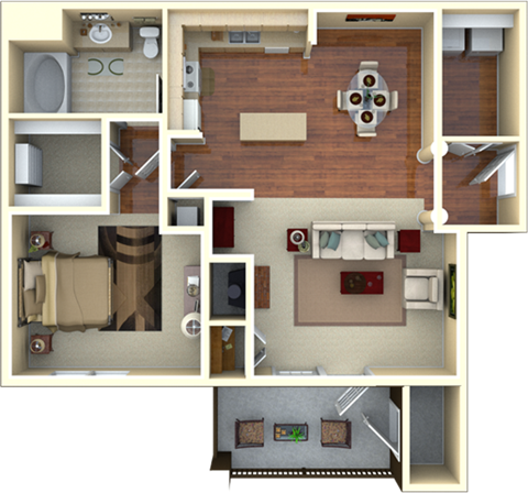 Floor plan for 1 bed, 1 bath, 1055 sqft