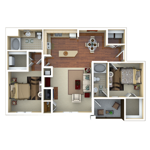 Floor plan for 2 beds, 2 baths, 1330 sqft