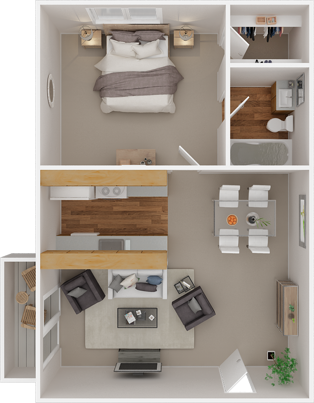 Floor plan for 1 bed, 1 bath, 605 sqft