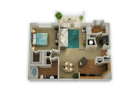 Floor plan for 1 bed, 1 bath, 1021 sqft