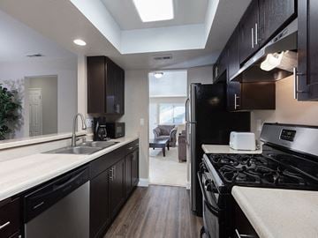 Marina apartment for rent - A kitchen with black cabinets and a black refrigerator.
