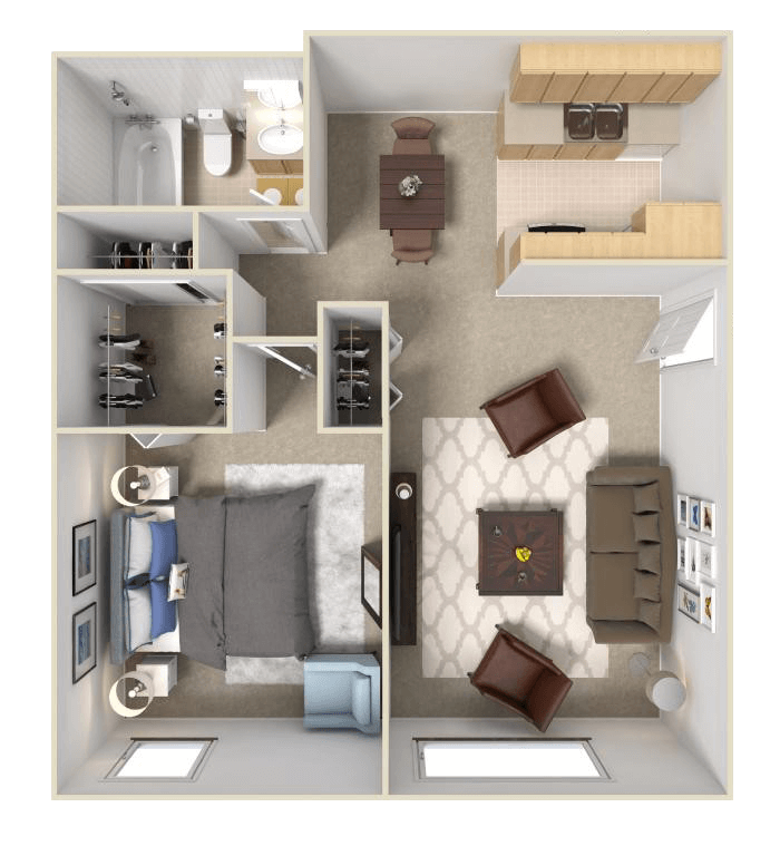 Floor plan for 1 bed, 1 bath, 652 sqft