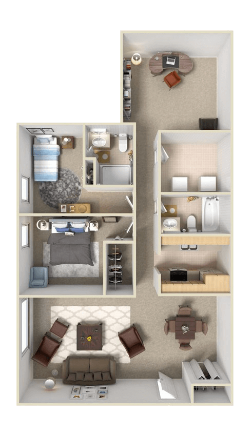 Floor plan for 2 beds, 1.5 baths, 1020 sqft