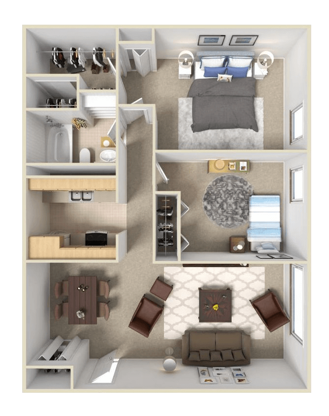 Floor plan for 2 beds, 1 bath, 872 sqft