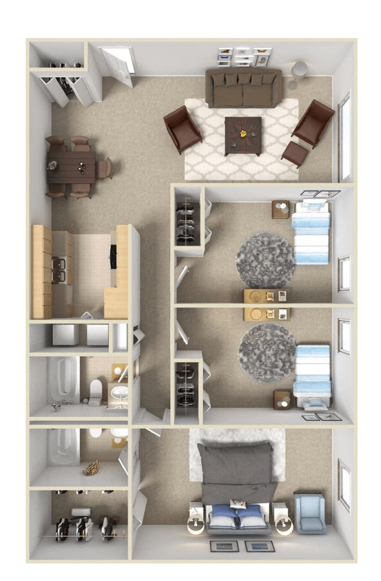 Floor plan for 3 beds, 2 baths, 1134 sqft
