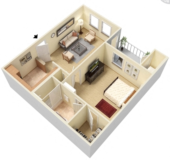 Floor plan for 1 bed, 1 bath, 597 sqft
