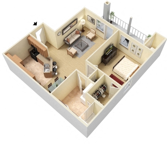 Floor plan for 1 bed, 1 bath, 735 sqft