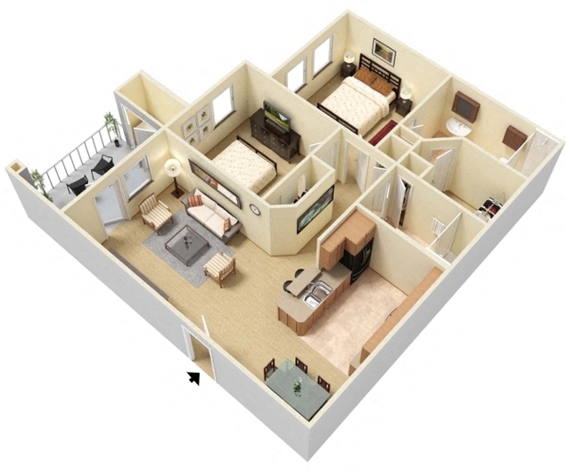 Floor plan for 2 beds, 2 baths, 960 sqft