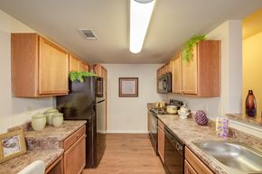 Converse apartment for rent - brown cabinets in our kitchen