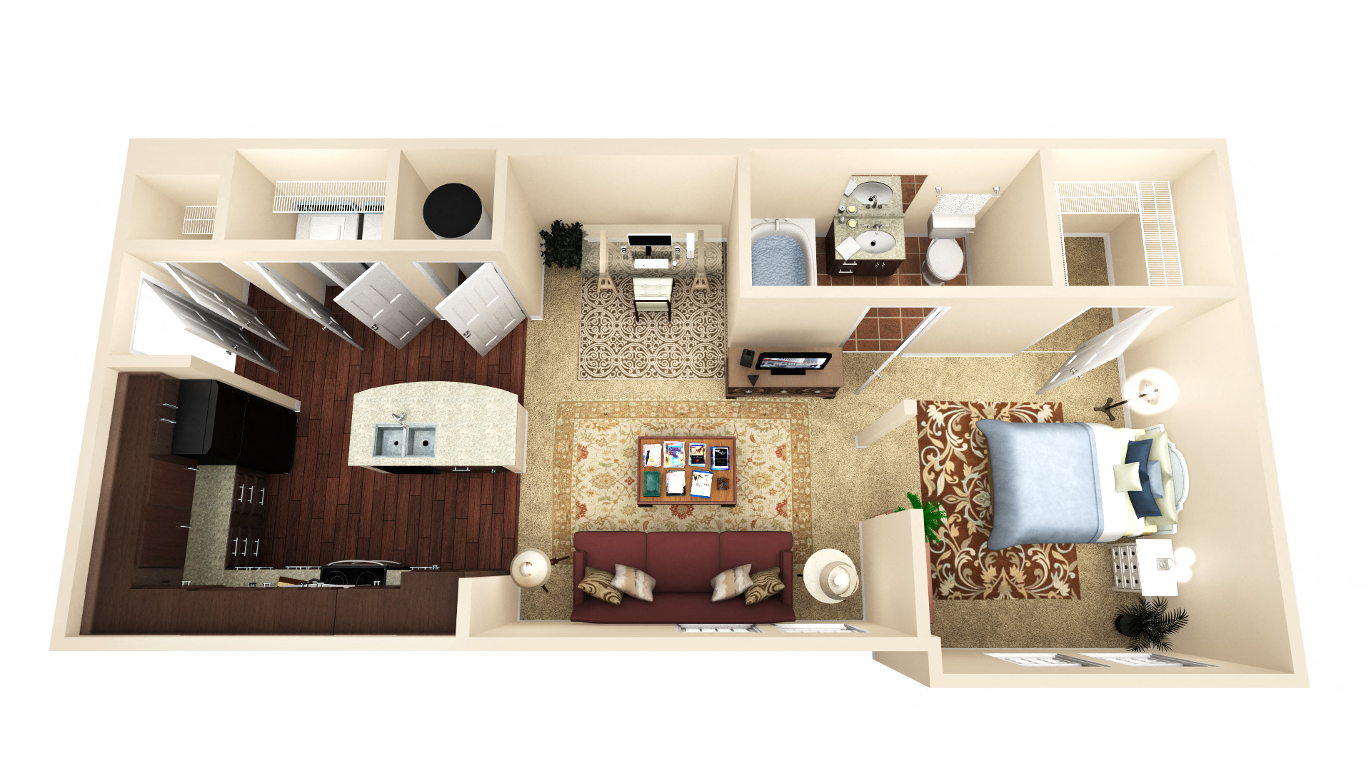 Floor plan for 1 bed, 1 bath, 665 sqft