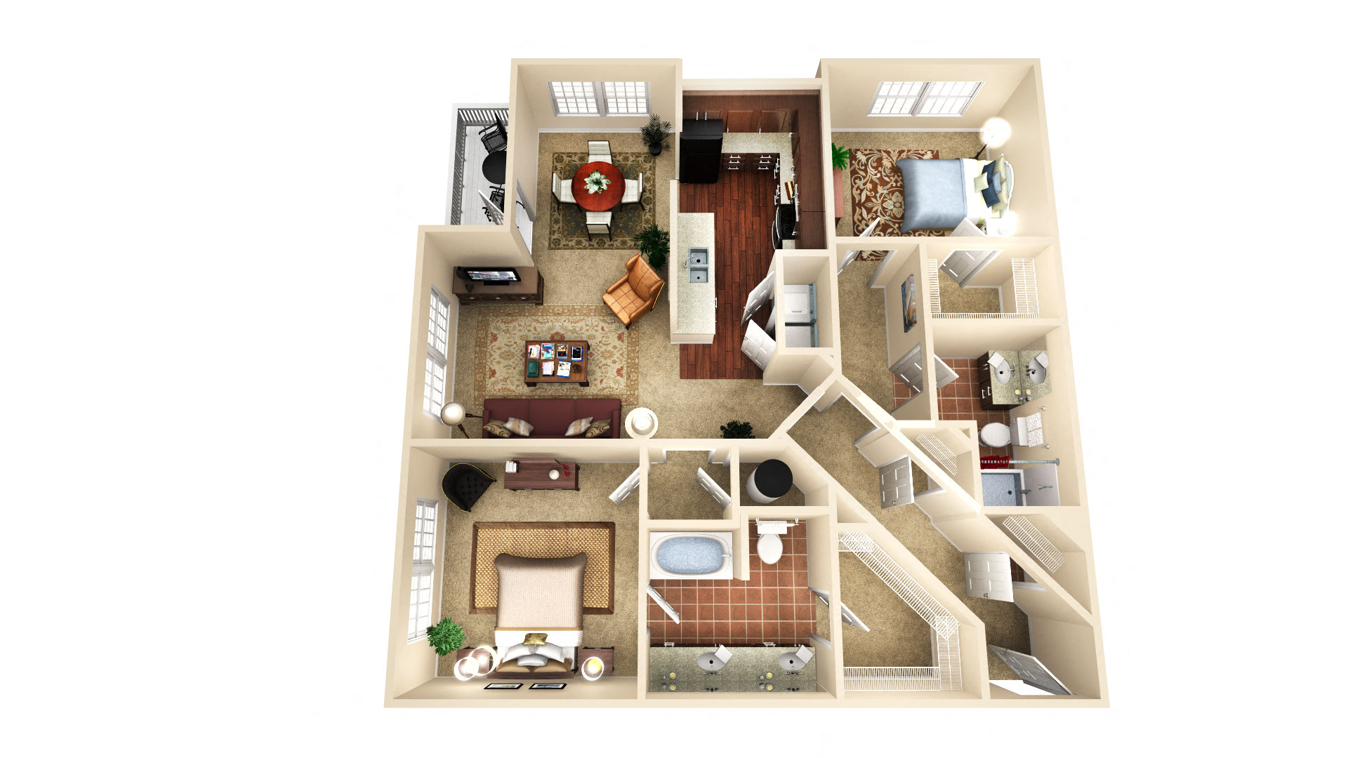 Floor plan for 2 beds, 2 baths, 1265 sqft