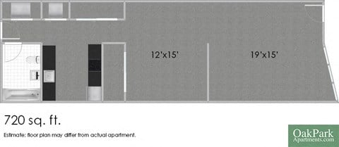 Floor plan for 1 bed, 1 bath, 720 sqft