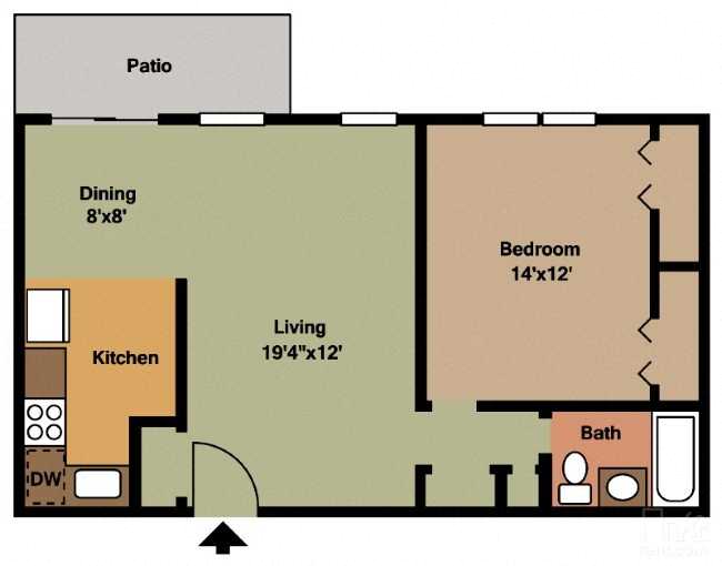 Floor plan for 1 bed, 1 bath, 636 sqft