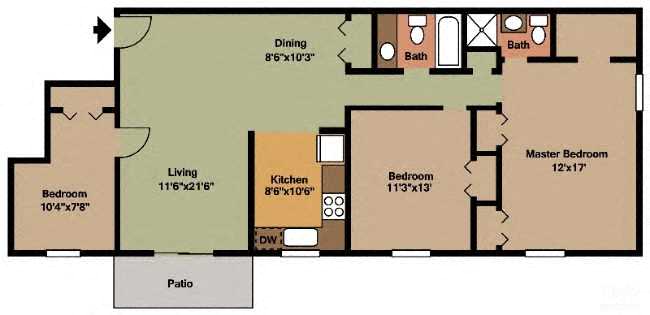 Floor plan for 3 beds, 2 baths, 1190 sqft